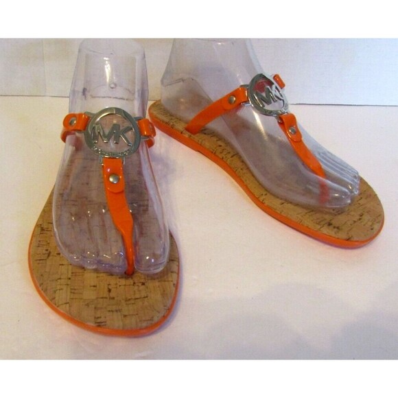 Michael Kors Flip Flops Orange Jelly Sandals Natural Cork Gold MK Logo NWOB 8M - Picture 1 of 7